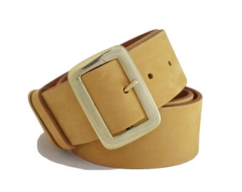 Sand Nubuck Leather Belt: Wide Brass Buckle, Handmade in UK