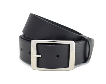 Strong Black Leather Belt - 1" 1/2 - Handmade In Uk - Silver Rectangle Buckle - 60's belt - 70's belt - Rectangle Belt - Anniversary Gift