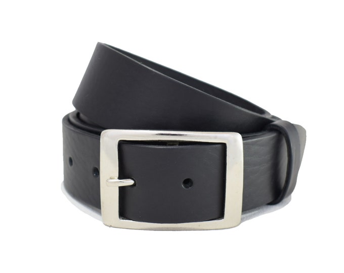 Strong Black Leather Belt - 1" 1/2 - Silver Rectangle Buckle