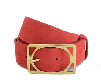 Red Nubuck Leather Belt with Rectangle Buckle - 1" 1/2 - 4cm - Nubuck Red Suede - Handmade - Mens Belt - Natural Suede Belt - Real Leather