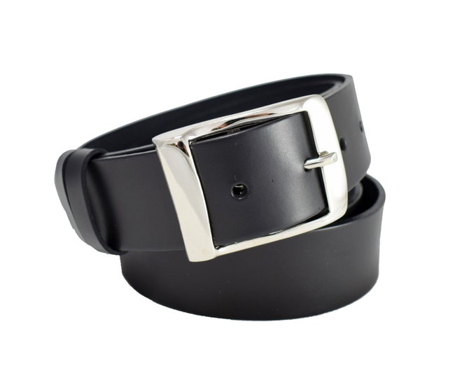 Smooth Black Leather Belt with Solid Silver Buckle -  1" 1/2