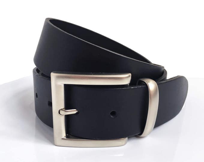 Black Leather Belt - 1" 1/2 - Square Matt Silver Buckle