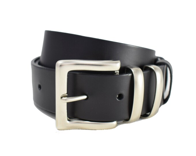 1 1/2'"Smooth Black Leather Belt with 2 Matt Silver Belt Loops