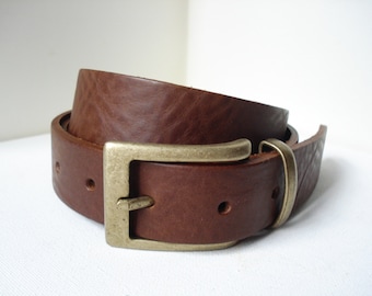 Thin Brass Belt with Brown Leather Strap - Handmade in London - Brushed Brass Buckle