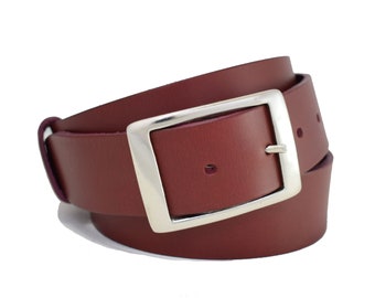Burgundy Leather Belt - 1" 1/2 - Handmade In Uk - Silver Rectangle Buckle - 60's belt - 70's belt - Custom - Rectangle Belt - Gift for Men