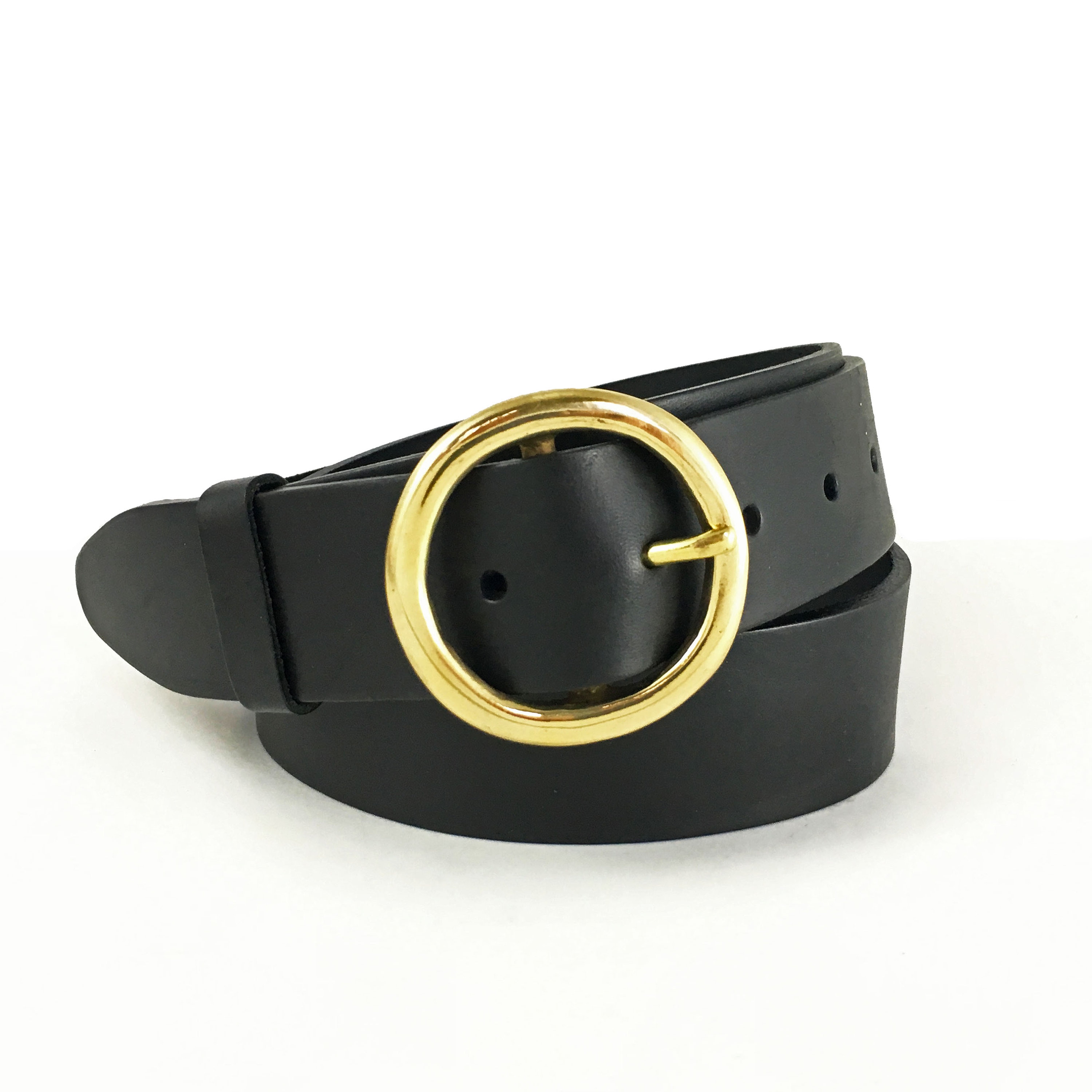 Gold Circle Leather Belt 1 1/2 Round Brass Buckle