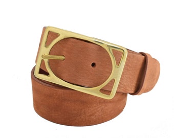 Handmade Brick Nubuck Leather Belt: Brass Rectangle Buckle