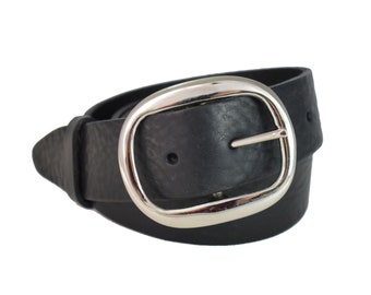 Handmade Black Leather Belt with Oval Silver Buckle (1 1/2"/4cm) western-style cowboy