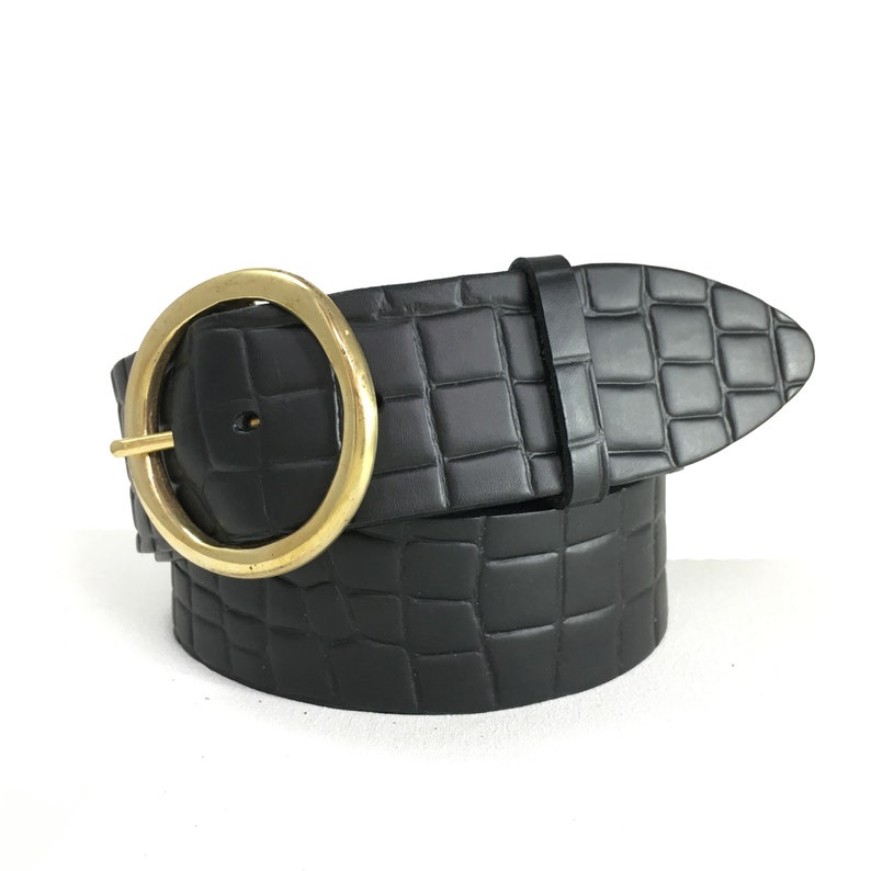 Genuine Leather Black Croc Pattern Embossed Women Belt