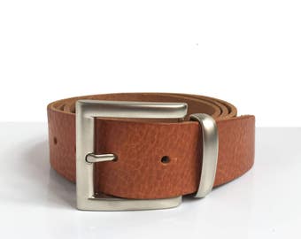 Tan Leather Belt - 1" 1/2 - Square Silver Buckle - Handmade Uk - Men's Belt in Tan - Light Brown Belt - Jeans Fashion - Real Leather Belt