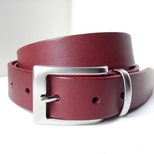 Smart Leather Belt in Burgundy - Handmade in London - Matt Silver Buckle