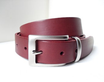 Smart Leather Belt in Burgundy - Handmade in London - Matt Silver Buckle
