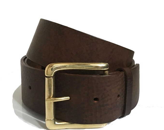 Wide 2" Thick Brown Belt with Brass Square Buckle - 2 Inch Belt