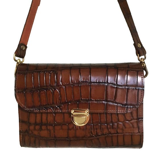 Pochette Vintage En Cuir Et Croco Marron - Sac Bandoulière Femme - Très Bon état