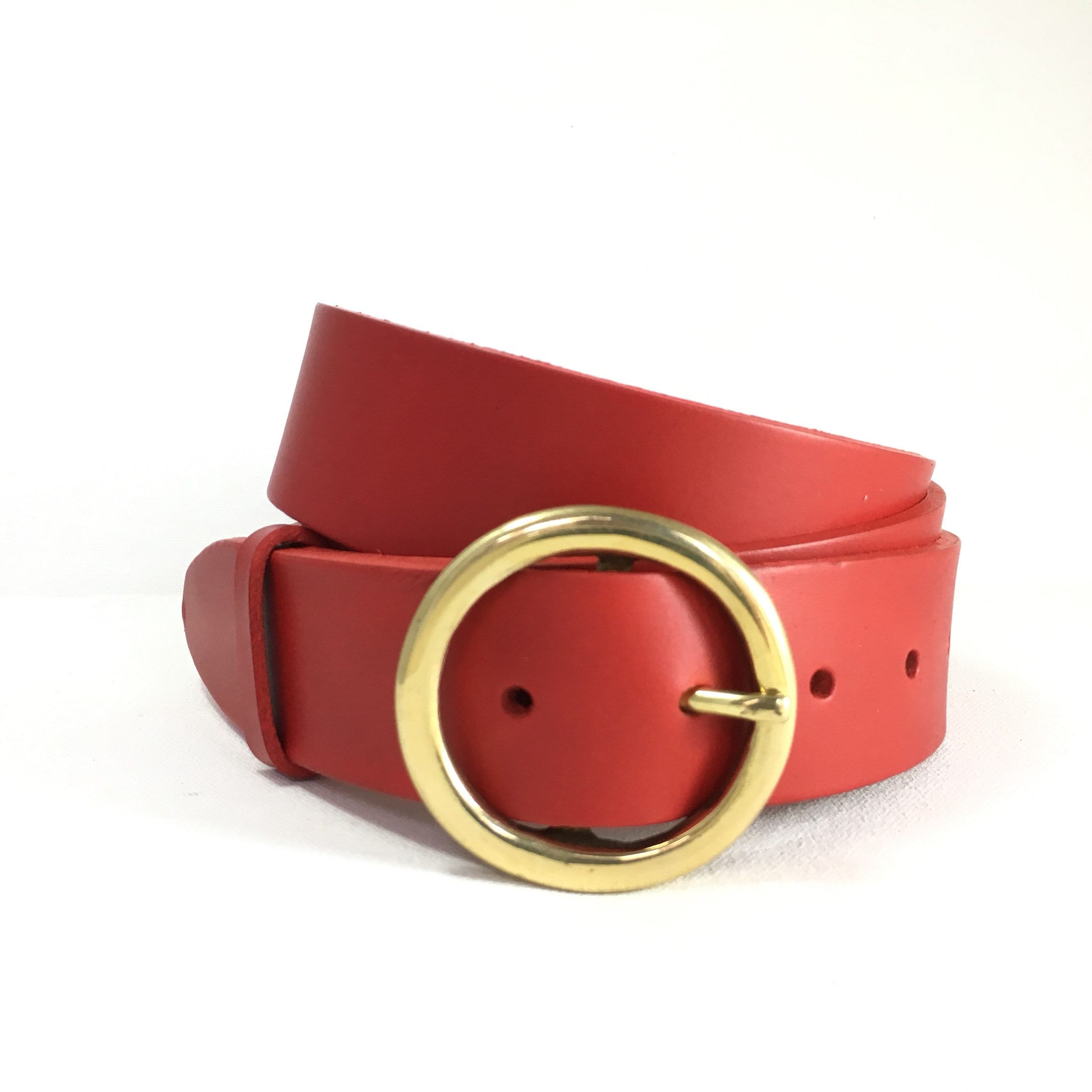 Gold Circle Leather Belt - 1 1/2 Inch - 38mm Round Brass 