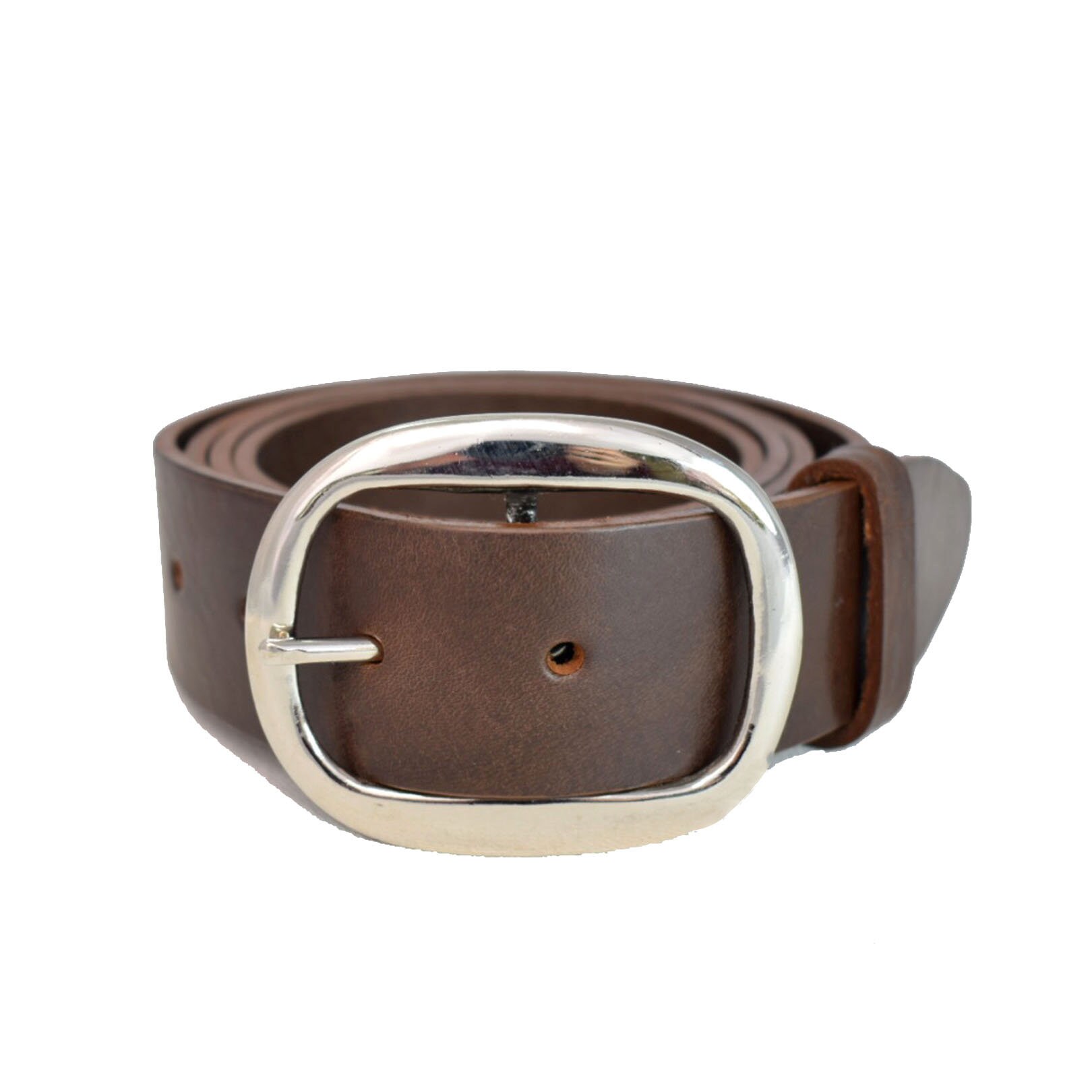 Oval Circle Silver Leather Belt With Brown Strap - 1
