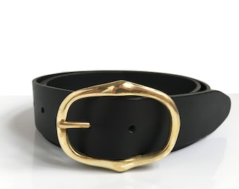 Black Leather Belt Gold Buckle - 1 1/2" Inch - 38mm belt - Western Belt - Handmade - Women's Belt - Black Belt - Real Leather - Gift for Her