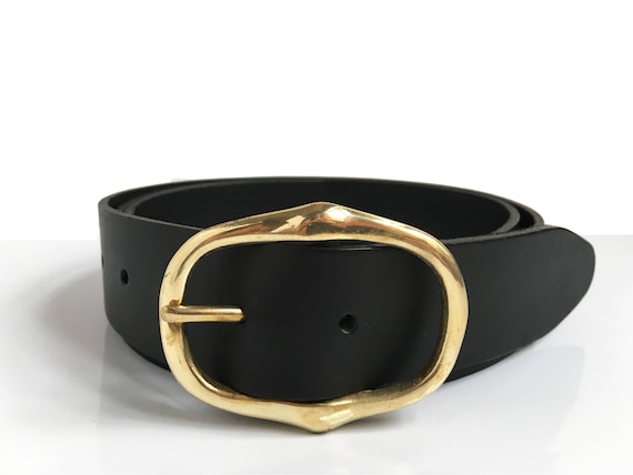 Black Leather Belt Gold Buckle - 1 1/2