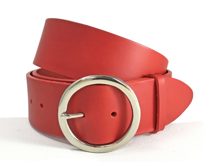 2" Wide Red Leather Belt with Silver Round Buckle