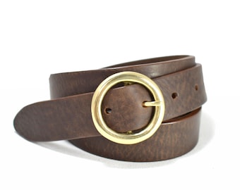 Handmade Thin Brown Leather Belt: Brass Round Buckle, Women's Fashion
