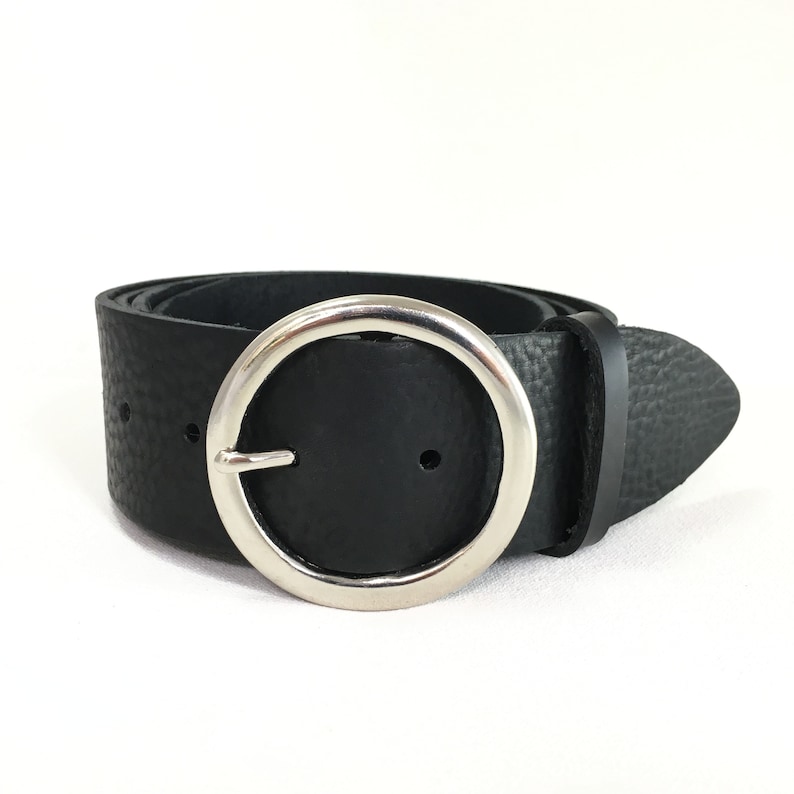 Wide Leather Belt Round Buckle in Black 2 Inch Belt Silver Circle Belt Handmade Black Men Belt Proper Belt Real Leather image 3