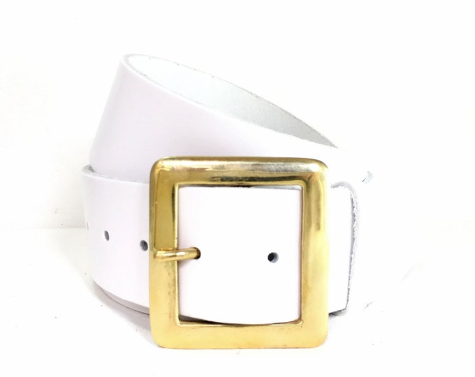 2" Wide White Leather Belt with Square Gold Buckle - 2 Inch Belt