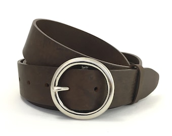 Circle Silver Leather Belt Brown Strap - 1" 1/2 Inch - 38mm - Brown Belt  Round Silver Buckle - Handmade - Women's Belt - Real Leather