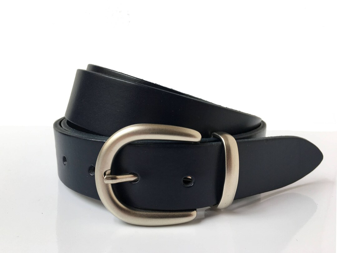 Dark Blue Leather Belt 1 1/4 Handmade UK Silver Buckle Men's Dress Belt