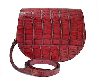 Red Leather Saddle Bag Crocodile Print - Red Crossbody Bag - Croc Handbag - Handmade UK - Valentine's Day Gift for Her