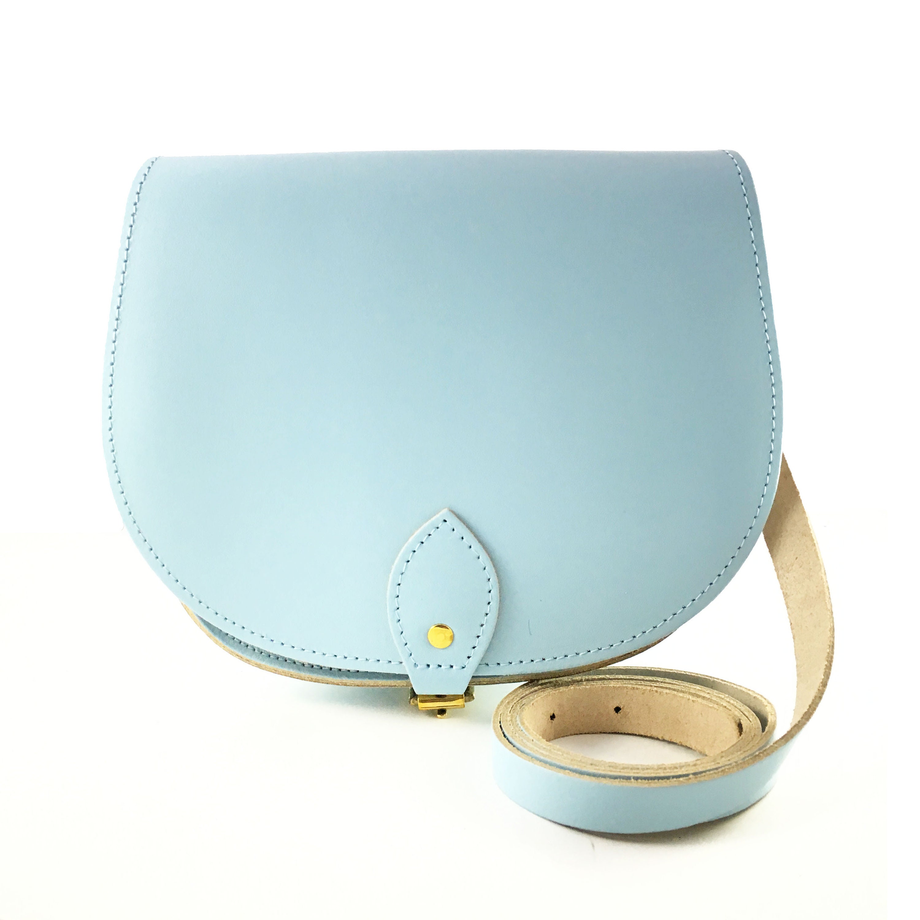 Baby Blue Leather Saddle Bag Handmade in UK Pastel Blue