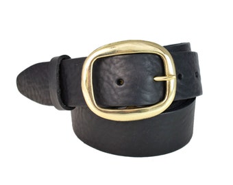 Black Leather Belt w/ Oval Brass Buckle - 1" 1/2 - 1.5 Inch - 1 12 Inch - Black Belt - Handmade - Womens Belt - Gold Buckle - Mens Belt