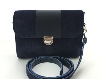 Blue Handbag in Suede - Suede Leather - Handmade UK - Small Bag - Small Leather Bag - Leather Clutch - Wife Gift -  Navy Leather Bag