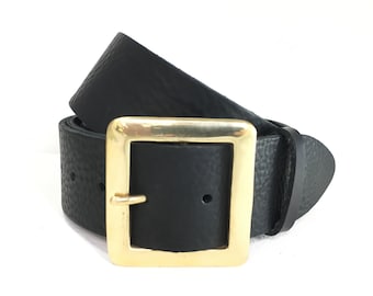 Wide Black Leather Belt With Brass Abstract Buckle Size 34  display picture 1