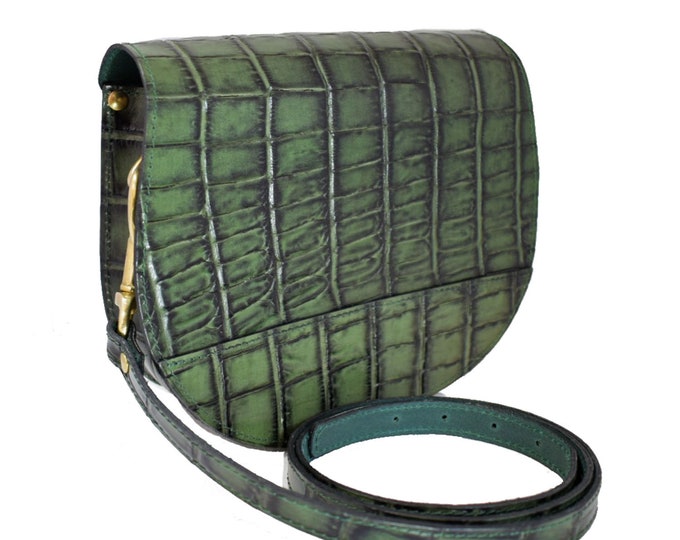 Forest Green Leather Saddle Bag with Croc Effect Magnetic Lock