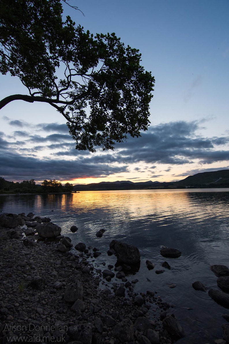 May include: A silhouette of a tree against a cloudy sky with a lake in the foreground. The sky is a mix of blue and orange, with the sun setting in the distance. The lake is calm and reflective, with a few rocks visible in the foreground.