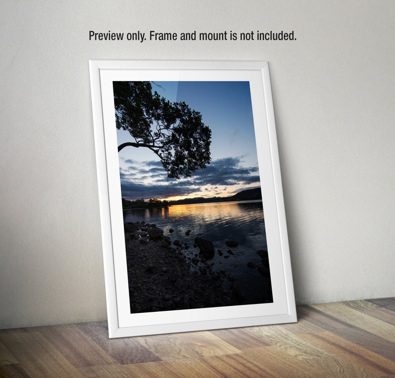 May include: A photograph of a lake at sunset with a silhouetted tree in the foreground. The water is calm and reflects the orange and pink colors of the sky.