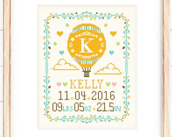 Cross stitch patterns,Baby announcement,Baby cross stitch,Funny cross stitch,Newborn gifts ideas,Baby gifts - Hot Air Balloon Baby Record