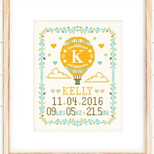 Cross stitch patterns,Baby announcement,Baby cross stitch,Funny cross stitch,Newborn gifts ideas,Baby gifts Hot Air Balloon Baby Record image 1