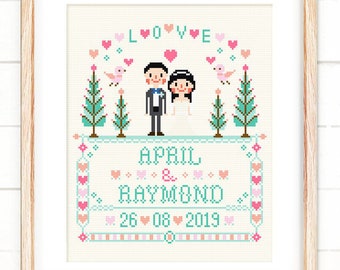 Wedding Cross Stitch pattern. Custom Wedding Portrait. Wedding Anniversary cross stitch. Bride Groom cross stitch. Mr and Mrs cross stitch