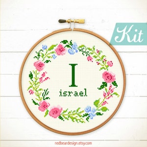 Custom cross stitch kit, baby cross stitch kit, floral wreath with alphabet initial embroidery design, flowers needlepoint kit by Redbear Green Letter (Pic3)