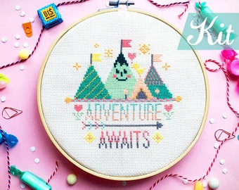 Adventure Awaits cross stitch. Nature cross stitch. Quote cross stitch. Embroidery kit. Needlepoint kit. DIY craft kit for adult.