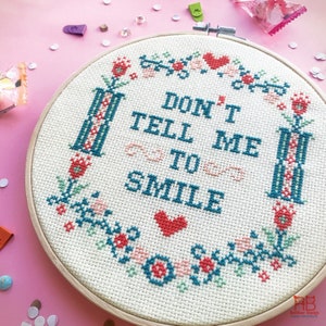 Modern cross stitch pattern. Funny needlepoint pattern. Quote cross stitch. Feminist cross stitch. Don't tell me to smile. Redbeardesign image 2