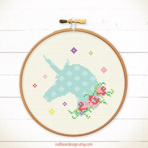 Modern cross stitch, Unicorn with Floral cross stitch pattern by Red bear design image 3