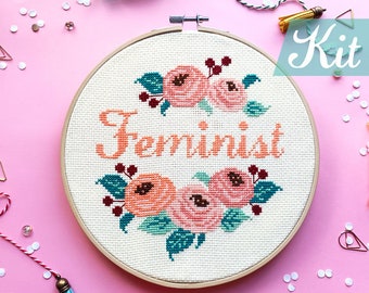 Feminist cross stitch kit Modern, Funny Feminism embroidery kit, Flower cross stitch, Floral Femme embroidery Art by Redbear Design