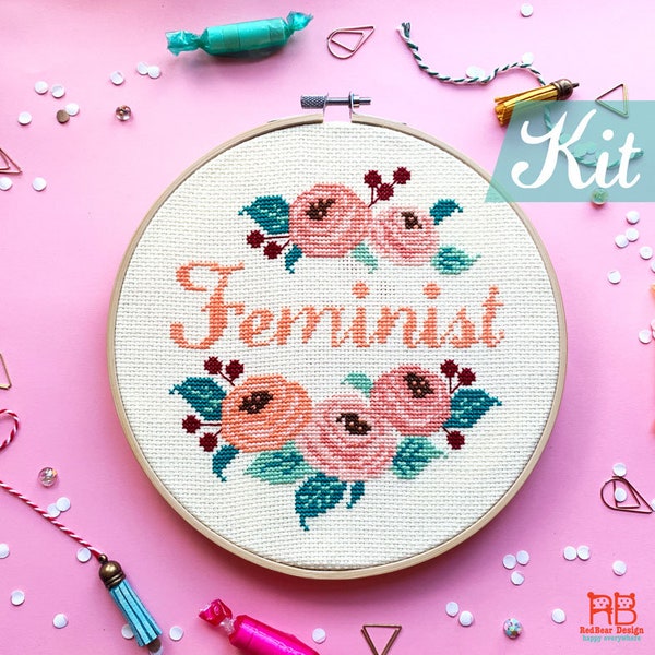 Feminist cross stitch kit Modern, Funny Feminism embroidery kit, Flower cross stitch, Floral Femme embroidery Art by Redbear Design