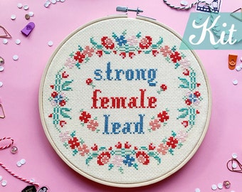 Feminist cross stitch kit, Feminism embroidery kit, Strong Female Lead, Femme embroidery Art by Red bear Design