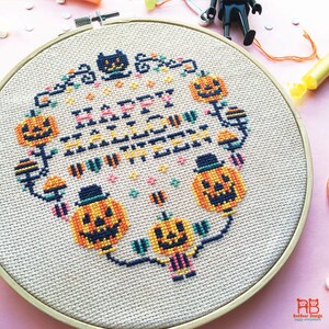 Halloween cross stitch pattern Modern cross stitch sampler Pumpkin cross stitch chart Funny cross stitch Spooky fun Funny Happy Halloween image 3