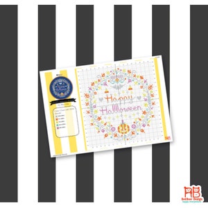 May include: A cross-stitch pattern sheet with a Halloween theme. The design features a wreath with the words "Happy Halloween" in the center, surrounded by pumpkins, bats, and floral elements. The color palette includes orange, purple, and green.