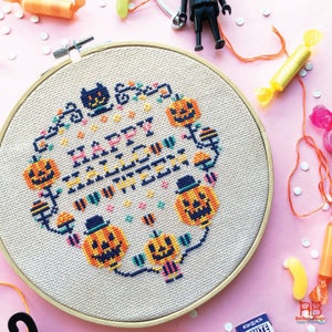 Halloween cross stitch pattern Modern cross stitch sampler Pumpkin cross stitch chart Funny cross stitch Spooky fun Funny Happy Halloween image 2