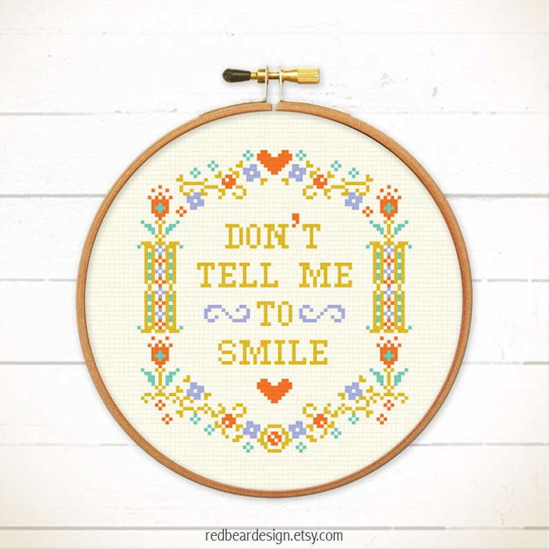 Modern cross stitch pattern. Funny needlepoint pattern. Quote cross stitch. Feminist cross stitch. Don't tell me to smile. Redbeardesign image 4